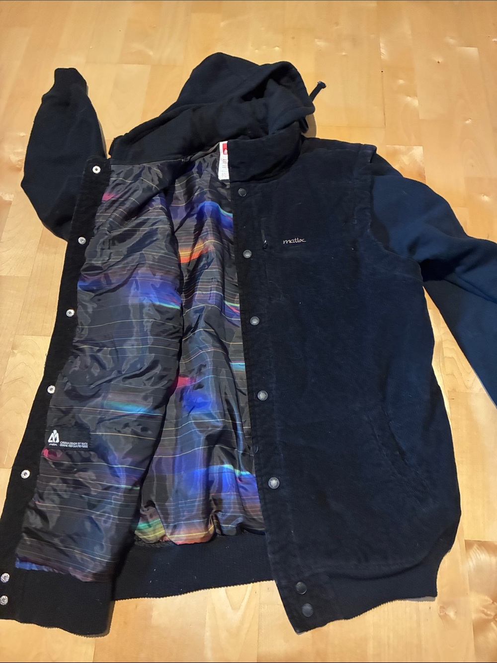 Matix Black Hooded Corduroy-Front Varsity Jacket